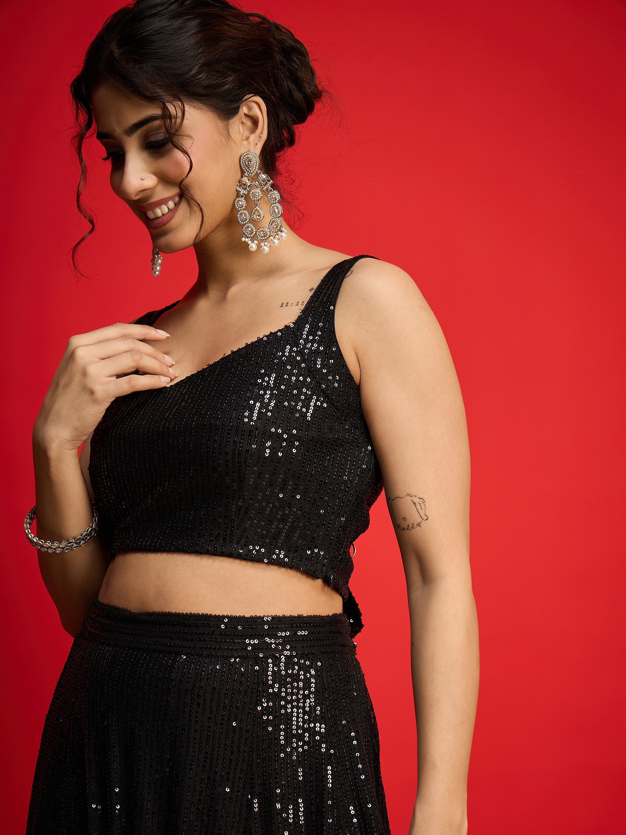 Women Black Sequins Sleeveless Crop Top With Anarkali Skirt-SHSET96581
