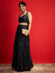 Women Navy Sequins Sleeveless Crop Top With Anarkali Skirt-SHSET96582