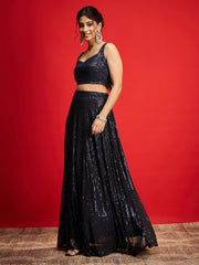 Women Navy Sequins Sleeveless Crop Top With Anarkali Skirt-SHSET96582