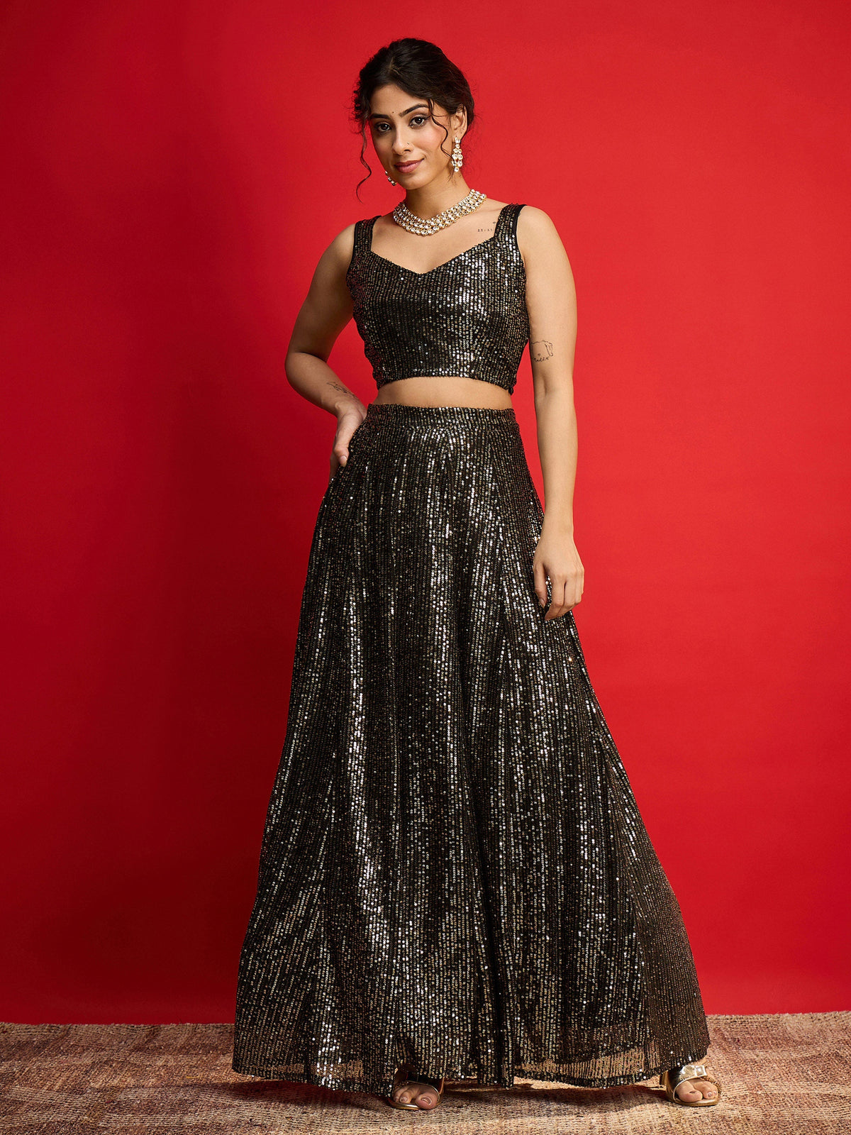 Women Black With Golden Sequins Sleeveless Crop Top With Anarkali Skirt-SHSET96583