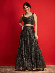 Women Black With Golden Sequins Sleeveless Crop Top With Anarkali Skirt-SHSET96583