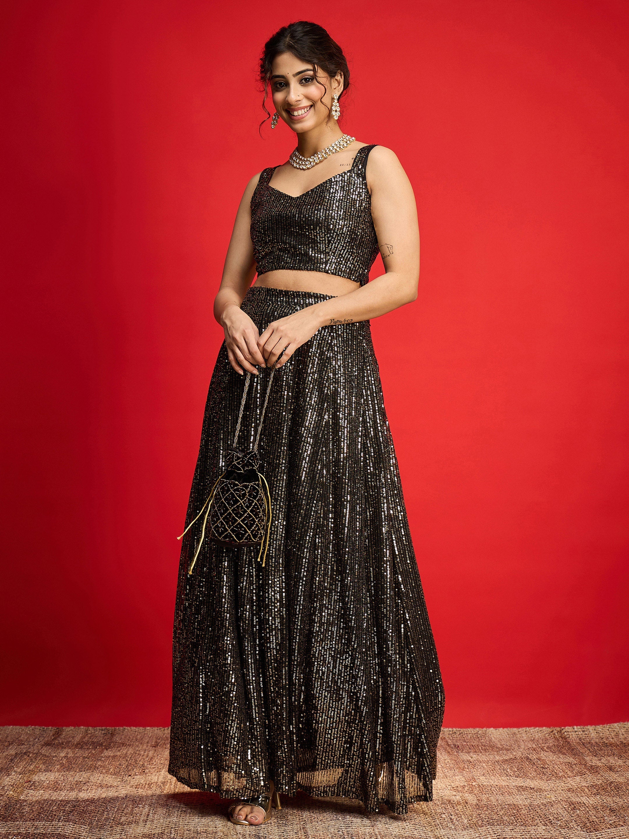 Women Black With Golden Sequins Sleeveless Crop Top With Anarkali Skirt-SHSET96583