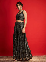 Women Black With Golden Sequins Sleeveless Crop Top With Anarkali Skirt-SHSET96583
