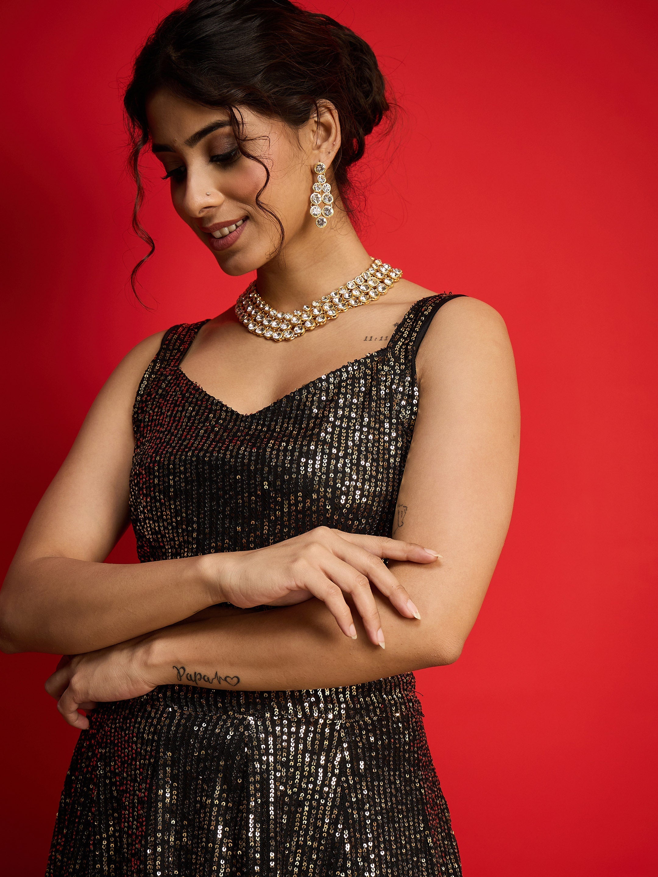Women Black With Golden Sequins Sleeveless Crop Top With Anarkali Skirt-SHSET96583