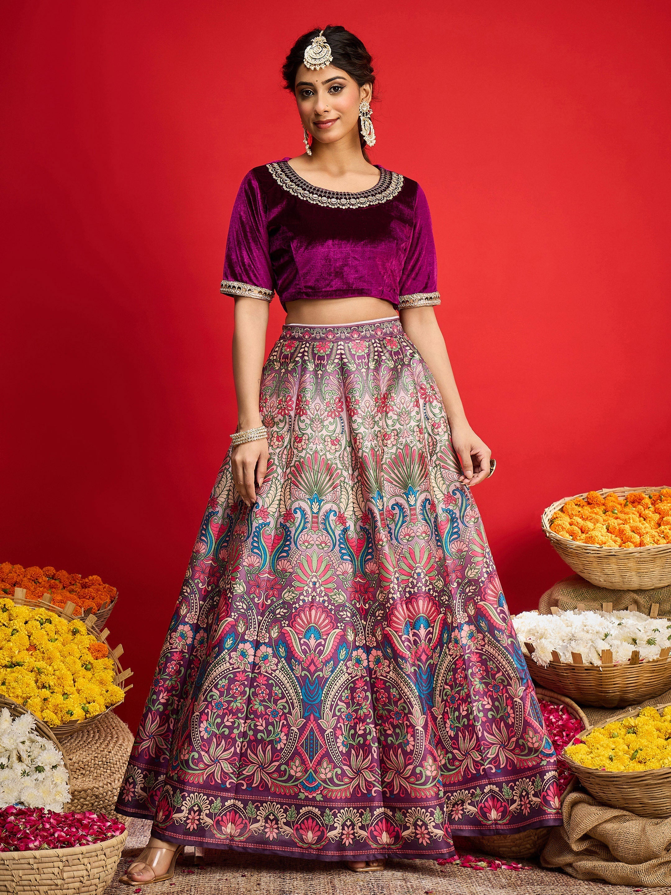 Women Purple Velvet Top With Anarkali Skirt-SHSET96584