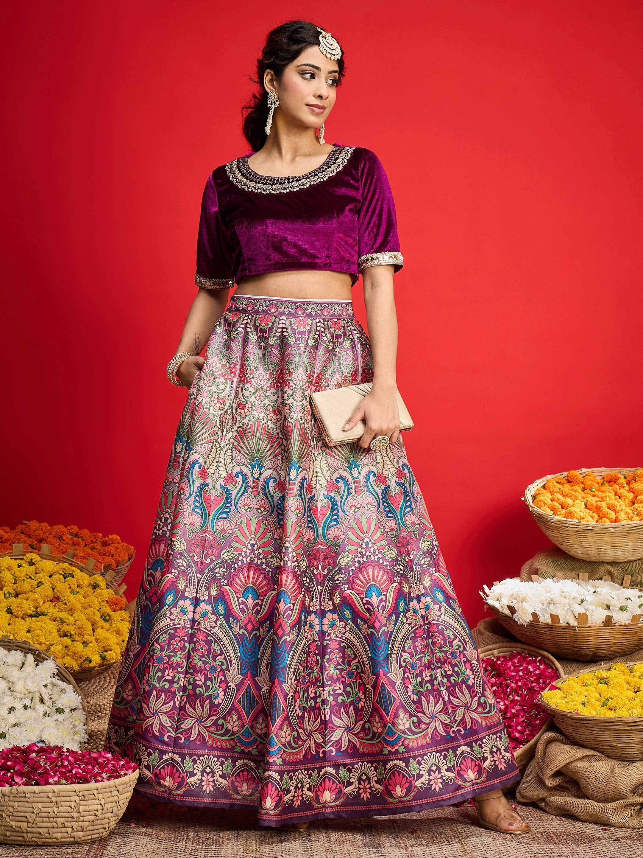 Women Purple Velvet Top With Anarkali Skirt-SHSET96584