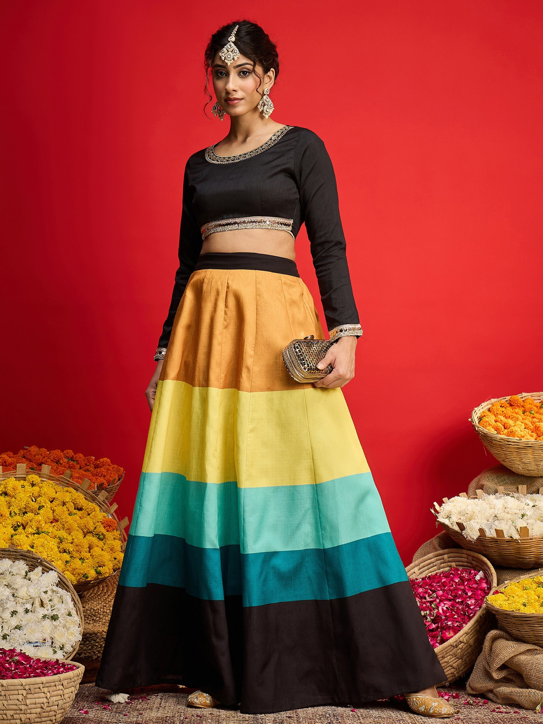 Women Black Poly Silk Crop Top With Anarkali Skirt-SHSET96585