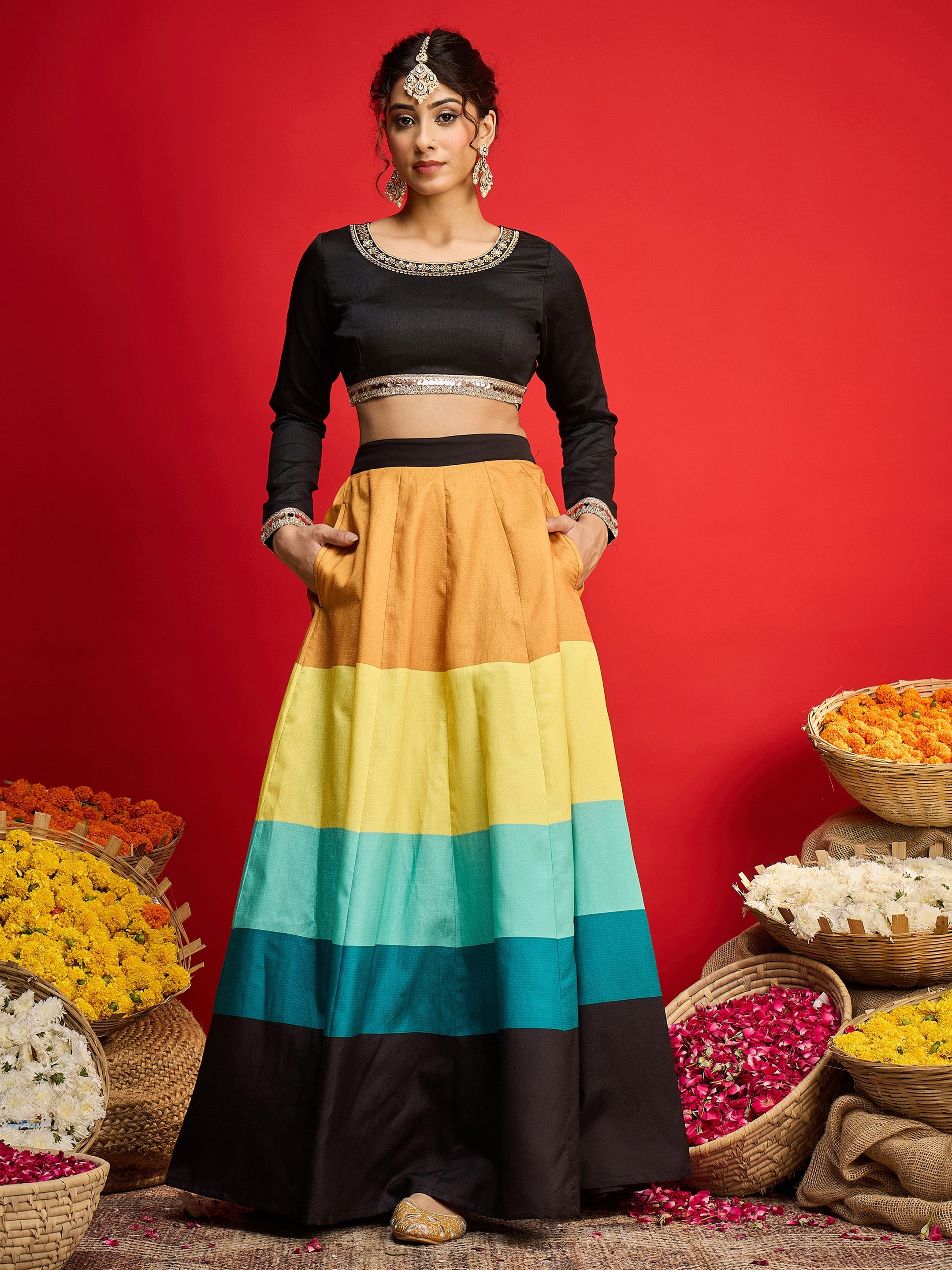 Women Black Poly Silk Crop Top With Anarkali Skirt-SHSET96585