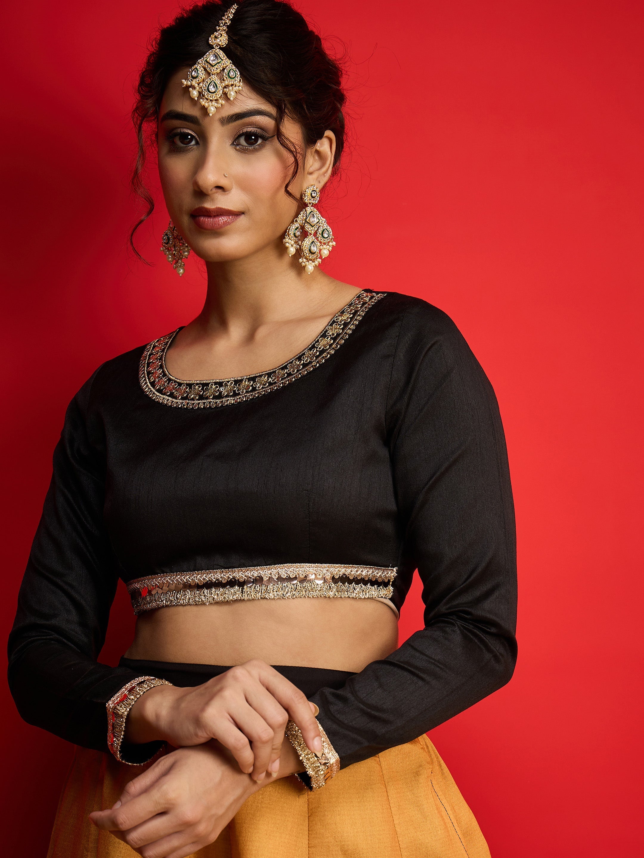Women Black Poly Silk Crop Top With Anarkali Skirt-SHSET96585