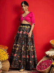 Women Fuchsia Poly Silk Crop Top With Anarkali Skirt-SHSET96586