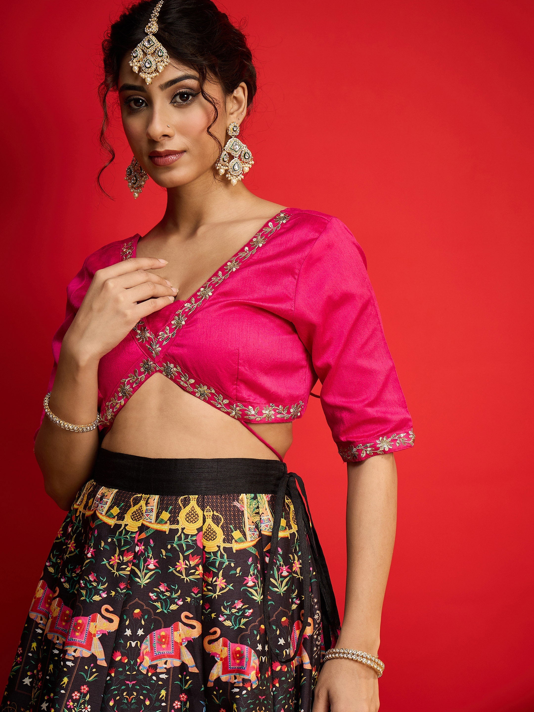 Women Fuchsia Poly Silk Crop Top With Anarkali Skirt-SHSET96586