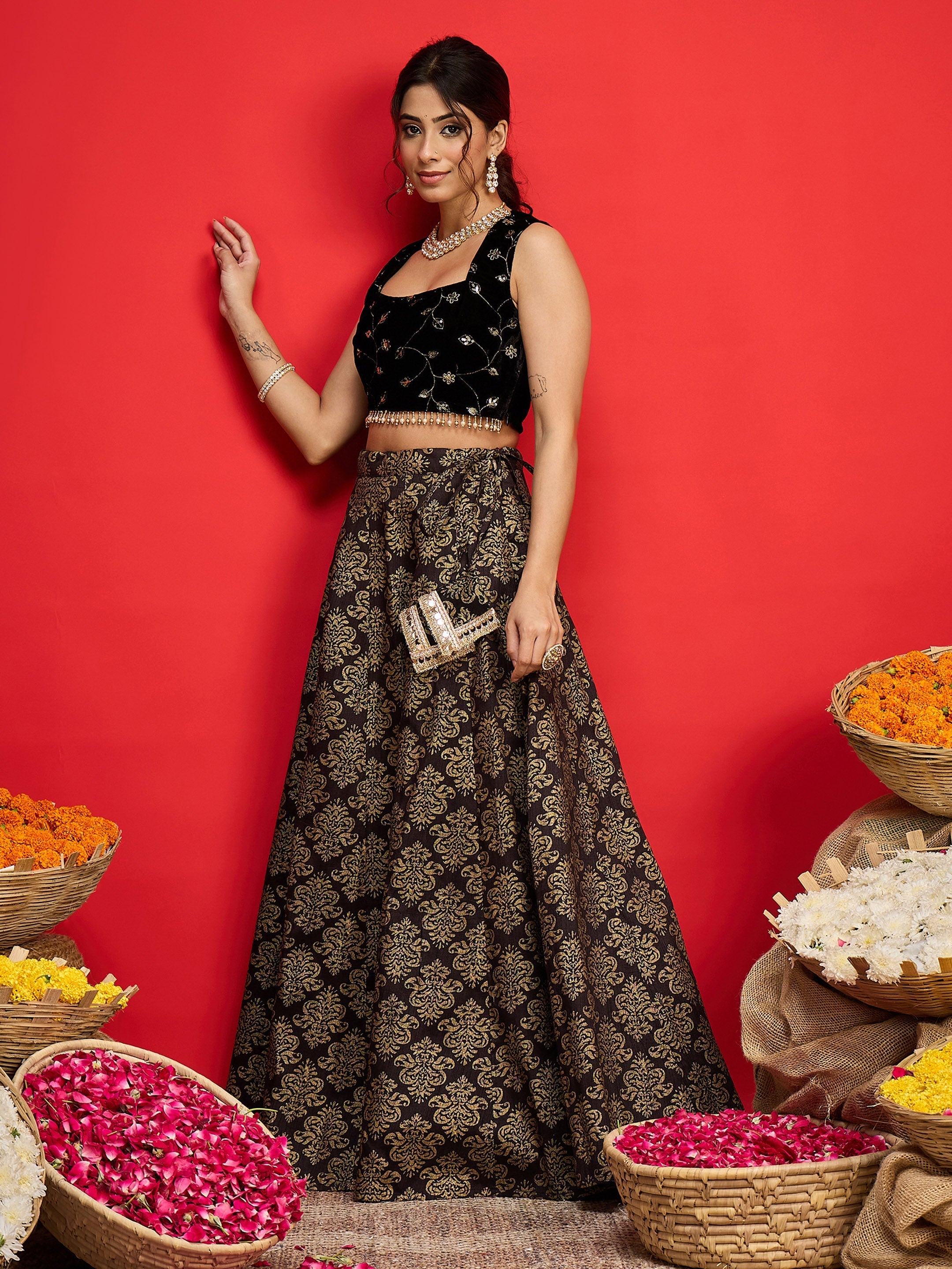 Women Black Velvet Crop Top With Jacquard Anarkali Skirt-SHSET96587