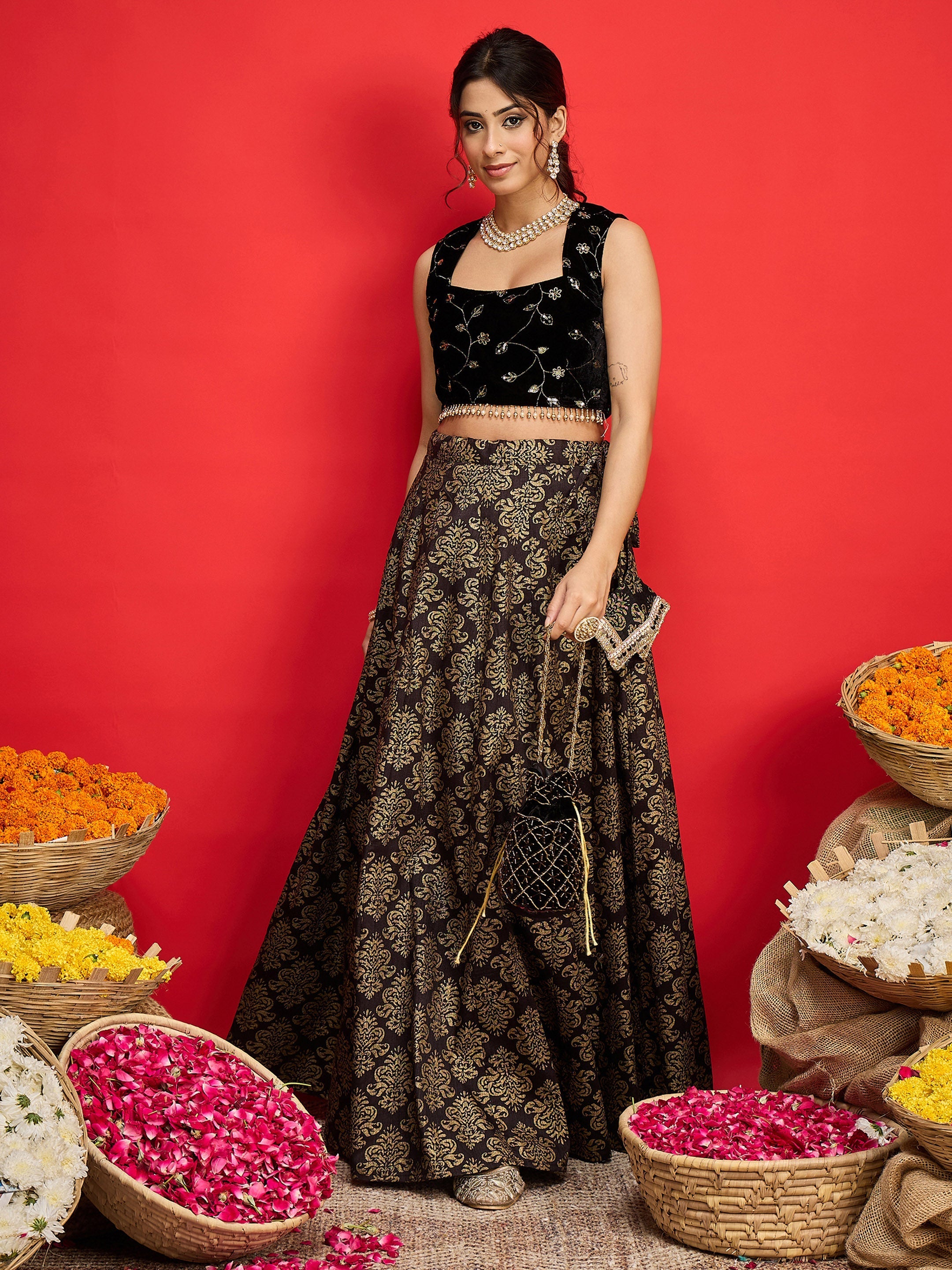 Women Black Velvet Crop Top With Jacquard Anarkali Skirt-SHSET96587