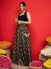 Women Black Velvet Crop Top With Jacquard Anarkali Skirt-SHSET96587