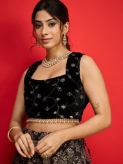 Women Black Velvet Crop Top With Jacquard Anarkali Skirt-SHSET96587