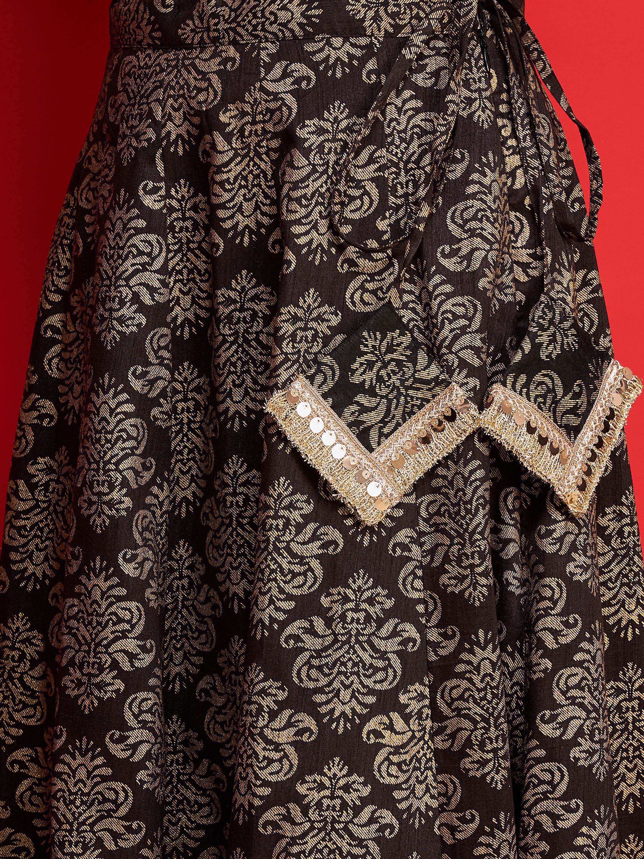 Women Black Velvet Crop Top With Jacquard Anarkali Skirt-SHSET96587
