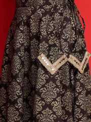 Women Black Velvet Crop Top With Jacquard Anarkali Skirt-SHSET96587