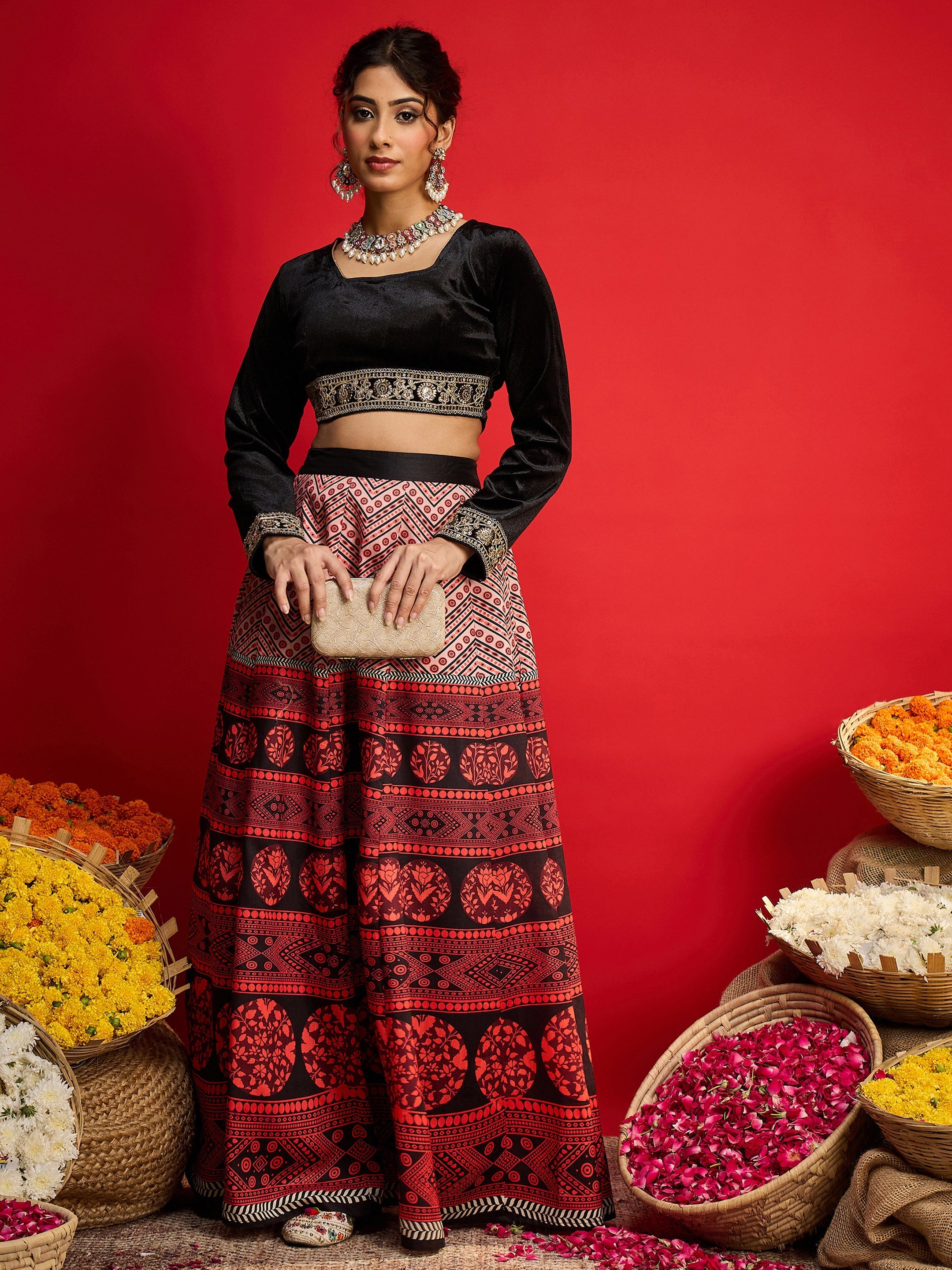 Women Black Velvet Crop Top With Anarkali Skirt-SHSET96588