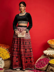 Women Black Velvet Crop Top With Anarkali Skirt-SHSET96588