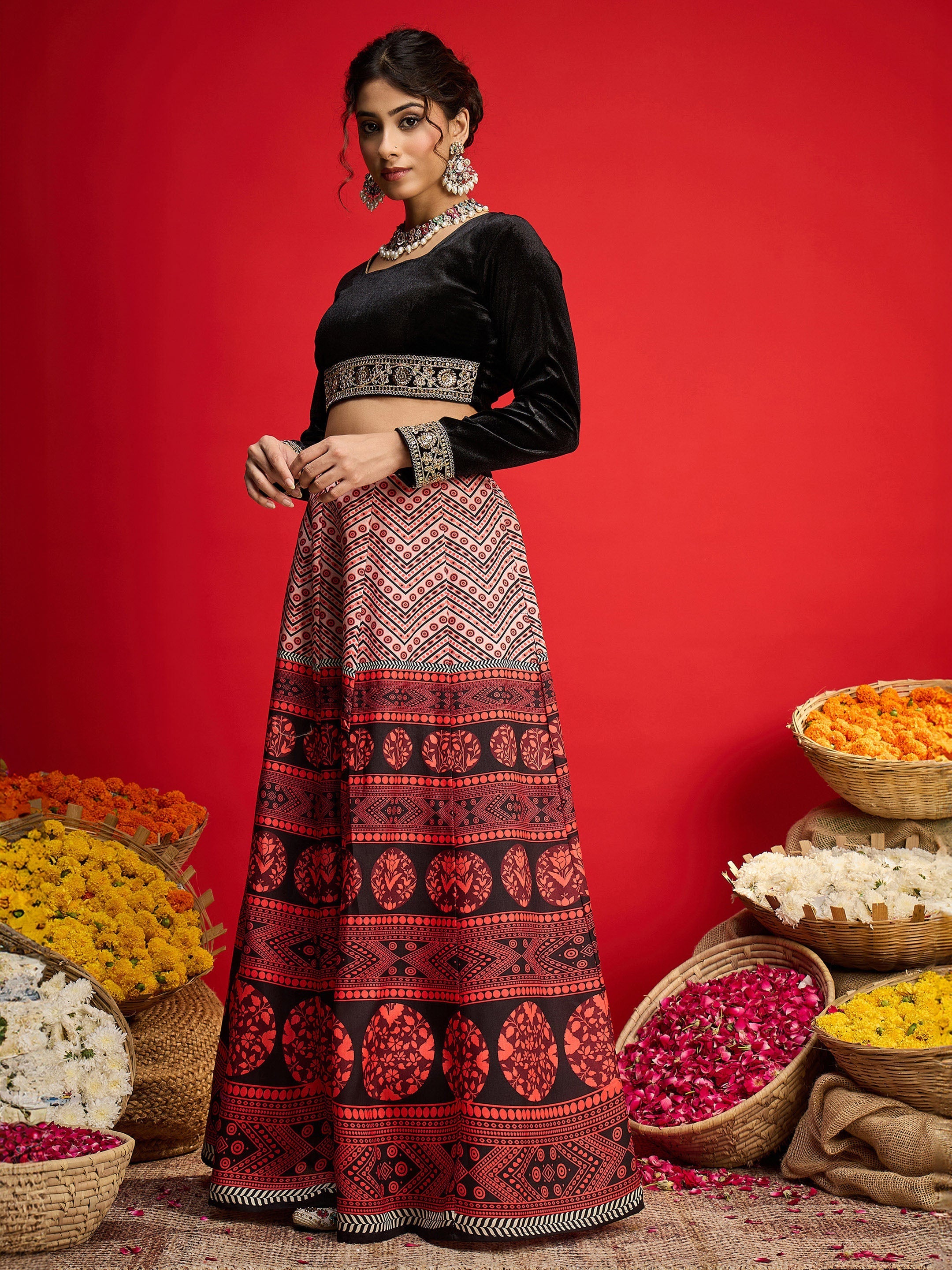 Women Black Velvet Crop Top With Anarkali Skirt-SHSET96588