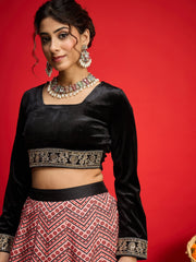 Women Black Velvet Crop Top With Anarkali Skirt-SHSET96588