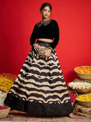 Women Black Velvet Peter Pan Crop Top With Anarkali Skirt-SHSET96589