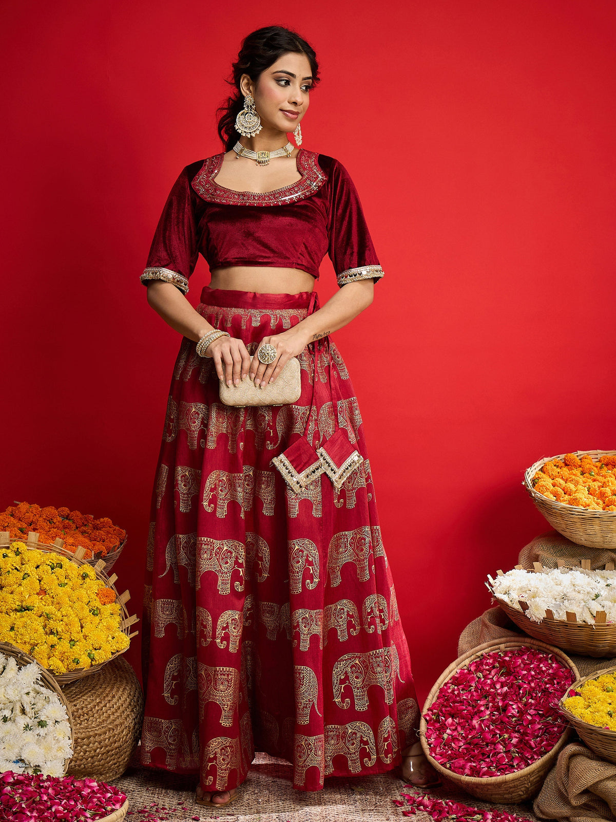 Women Maroon Velvet Crop Top With Anarkali Skirt-SHSET96590