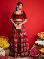 Women Maroon Velvet Crop Top With Anarkali Skirt-SHSET96590