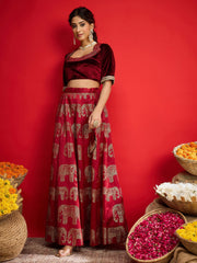 Women Maroon Velvet Crop Top With Anarkali Skirt-SHSET96590