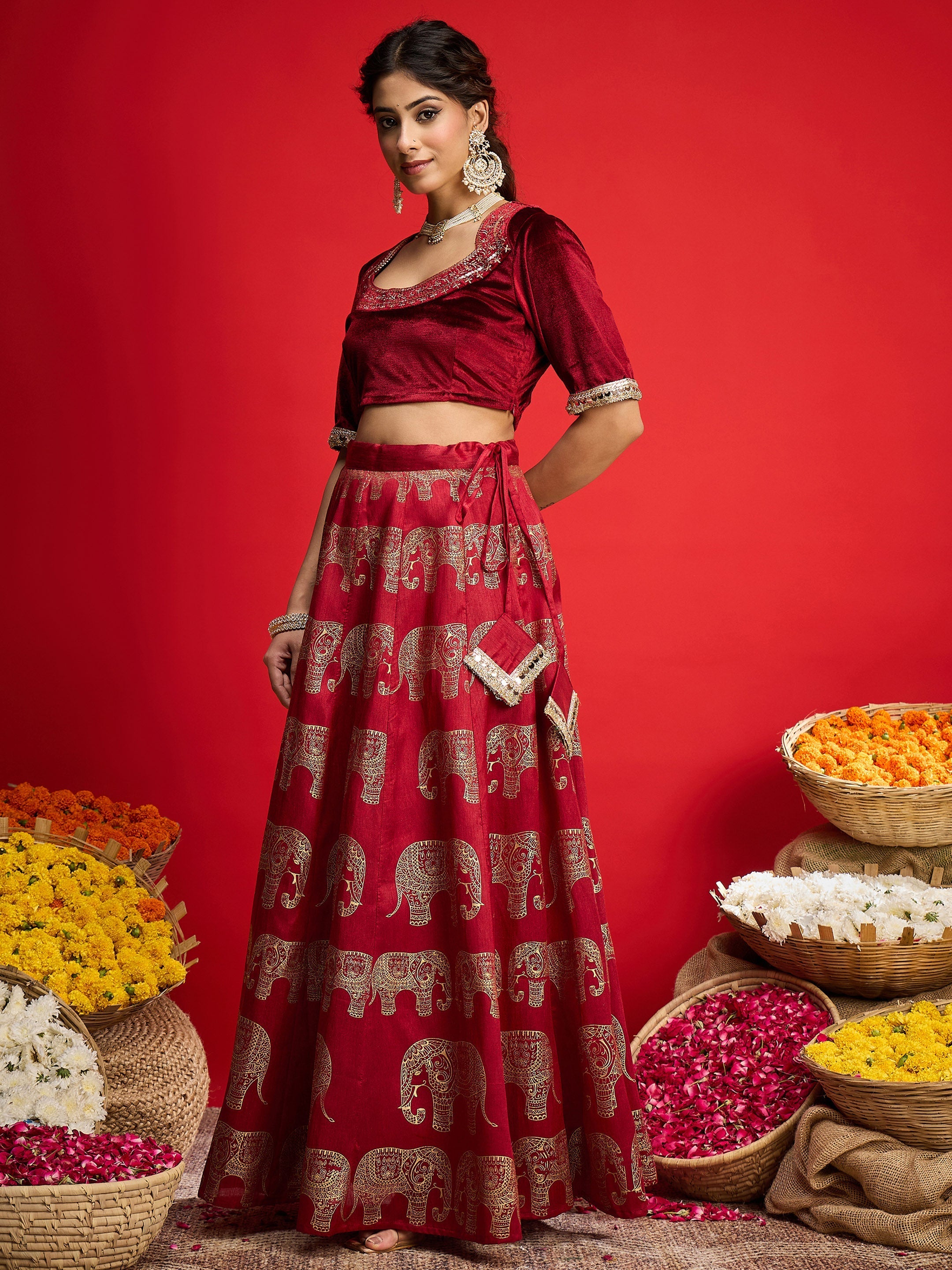 Women Maroon Velvet Crop Top With Anarkali Skirt-SHSET96590