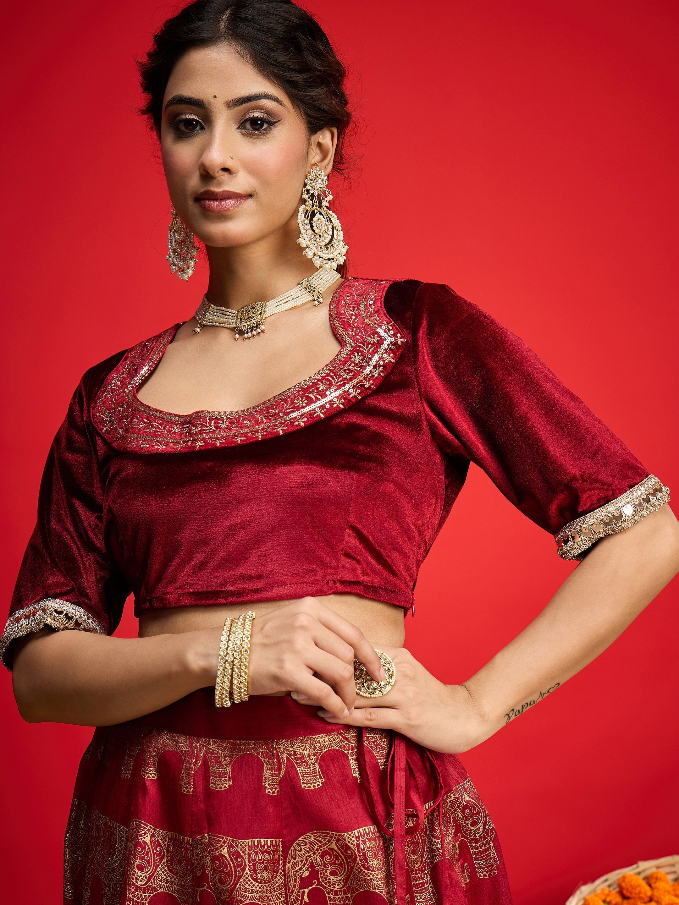 Women Maroon Velvet Crop Top With Anarkali Skirt-SHSET96590