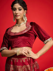 Women Maroon Velvet Crop Top With Anarkali Skirt-SHSET96590