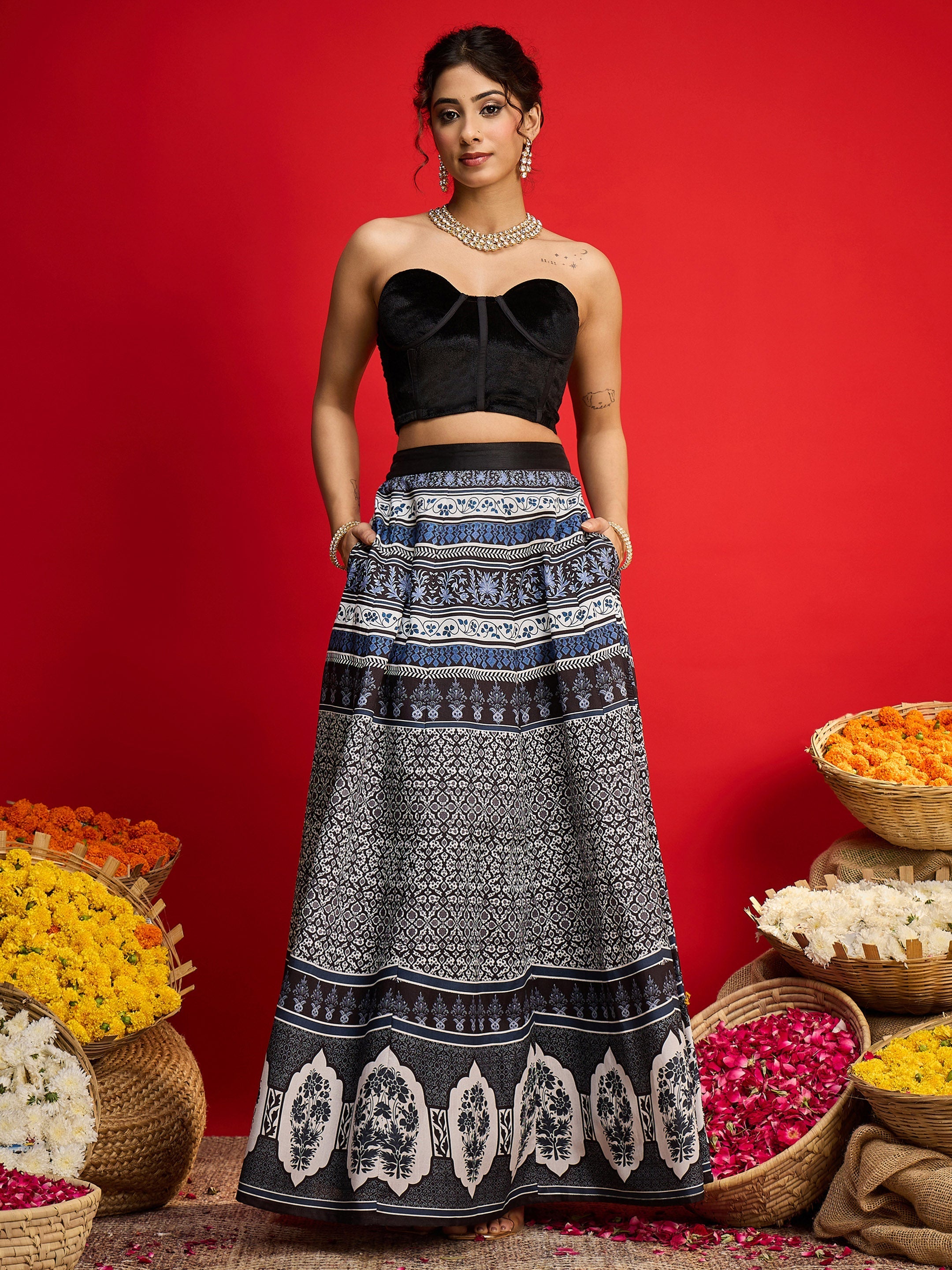 Women Black Velvet Bustier Top With Anarkali Skirt-SHSET96591
