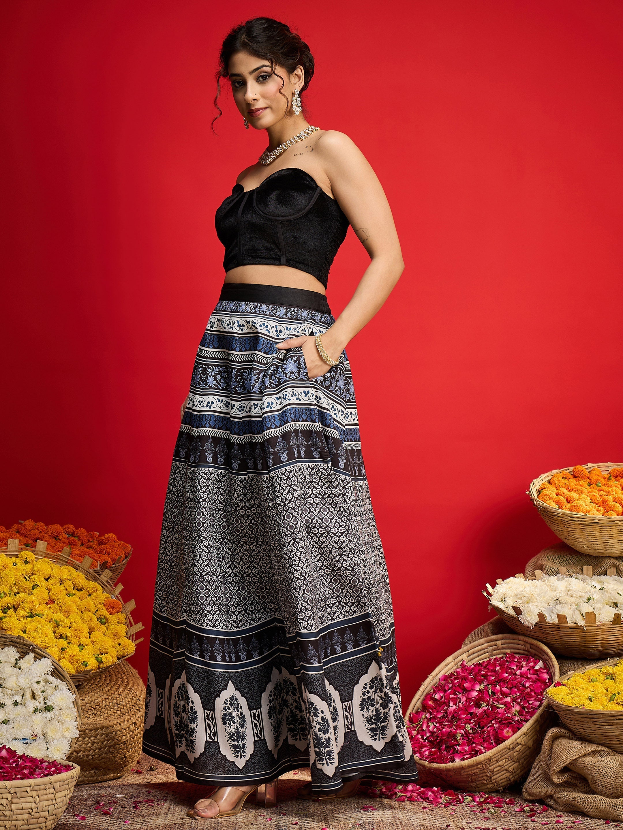 Women Black Velvet Bustier Top With Anarkali Skirt-SHSET96591