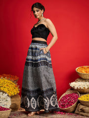 Women Black Velvet Bustier Top With Anarkali Skirt-SHSET96591