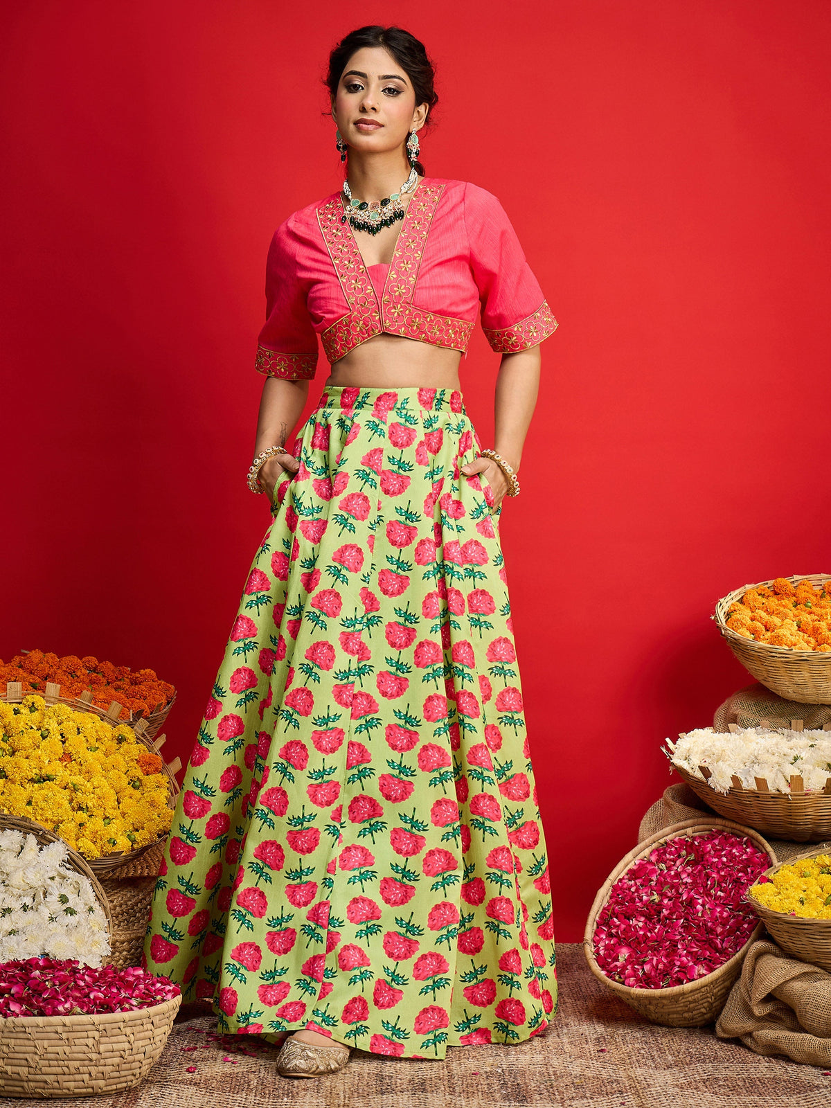 Women Pink Dupion Silk Crop Top With Anarkali Skirt-SHSET96592