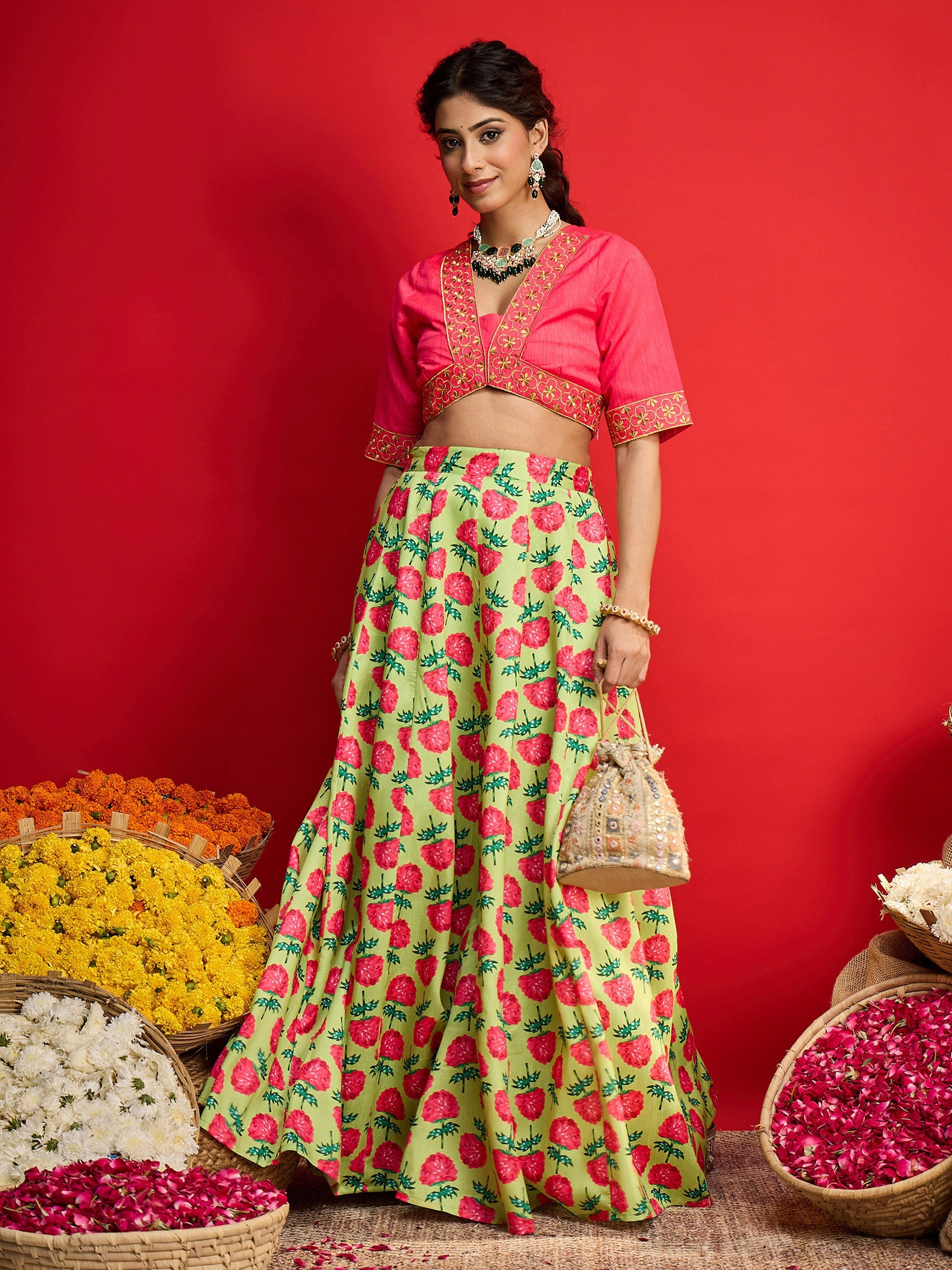 Women Pink Dupion Silk Crop Top With Anarkali Skirt-SHSET96592