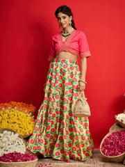 Women Pink Dupion Silk Crop Top With Anarkali Skirt-SHSET96592