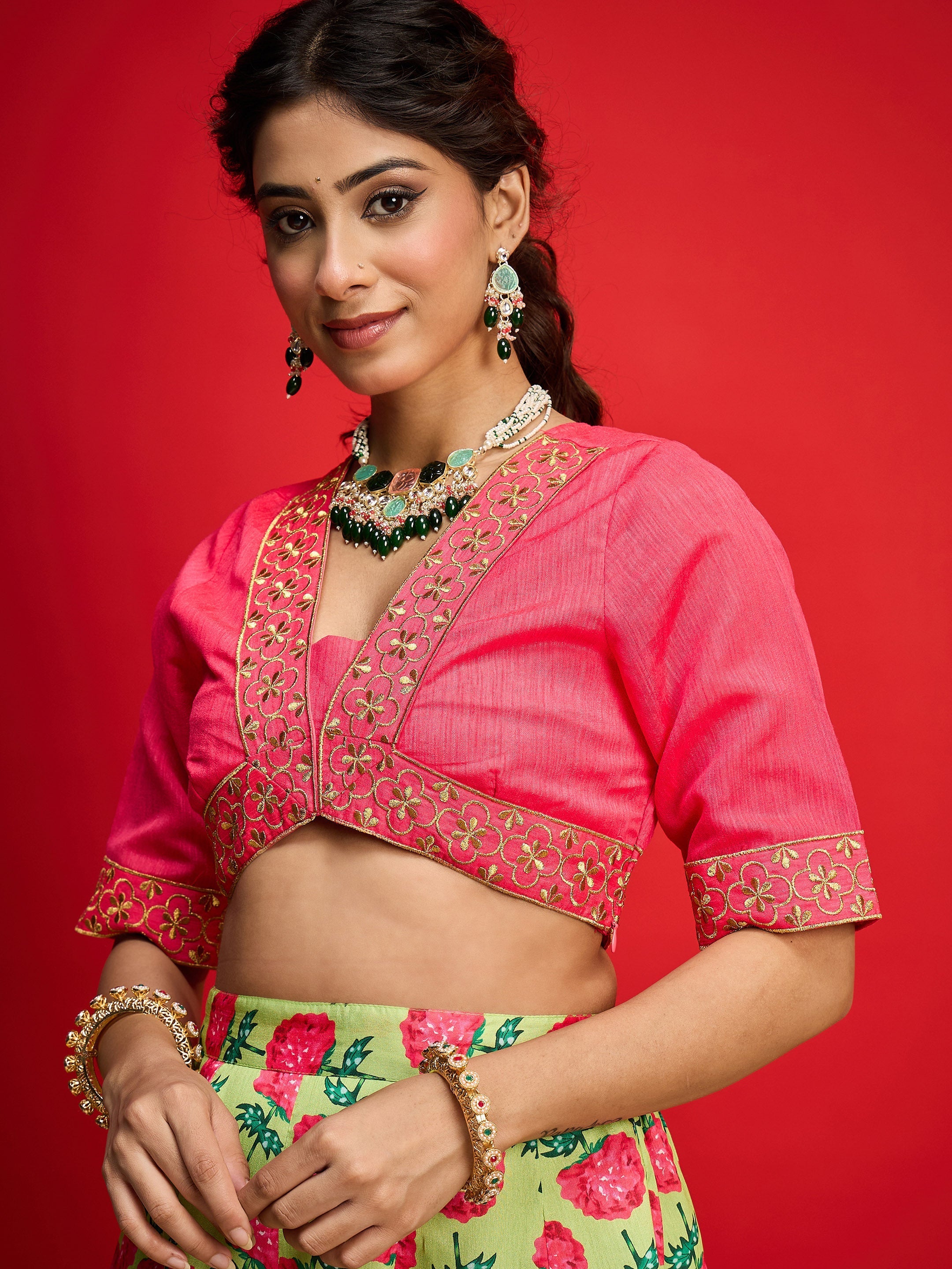Women Pink Dupion Silk Crop Top With Anarkali Skirt-SHSET96592