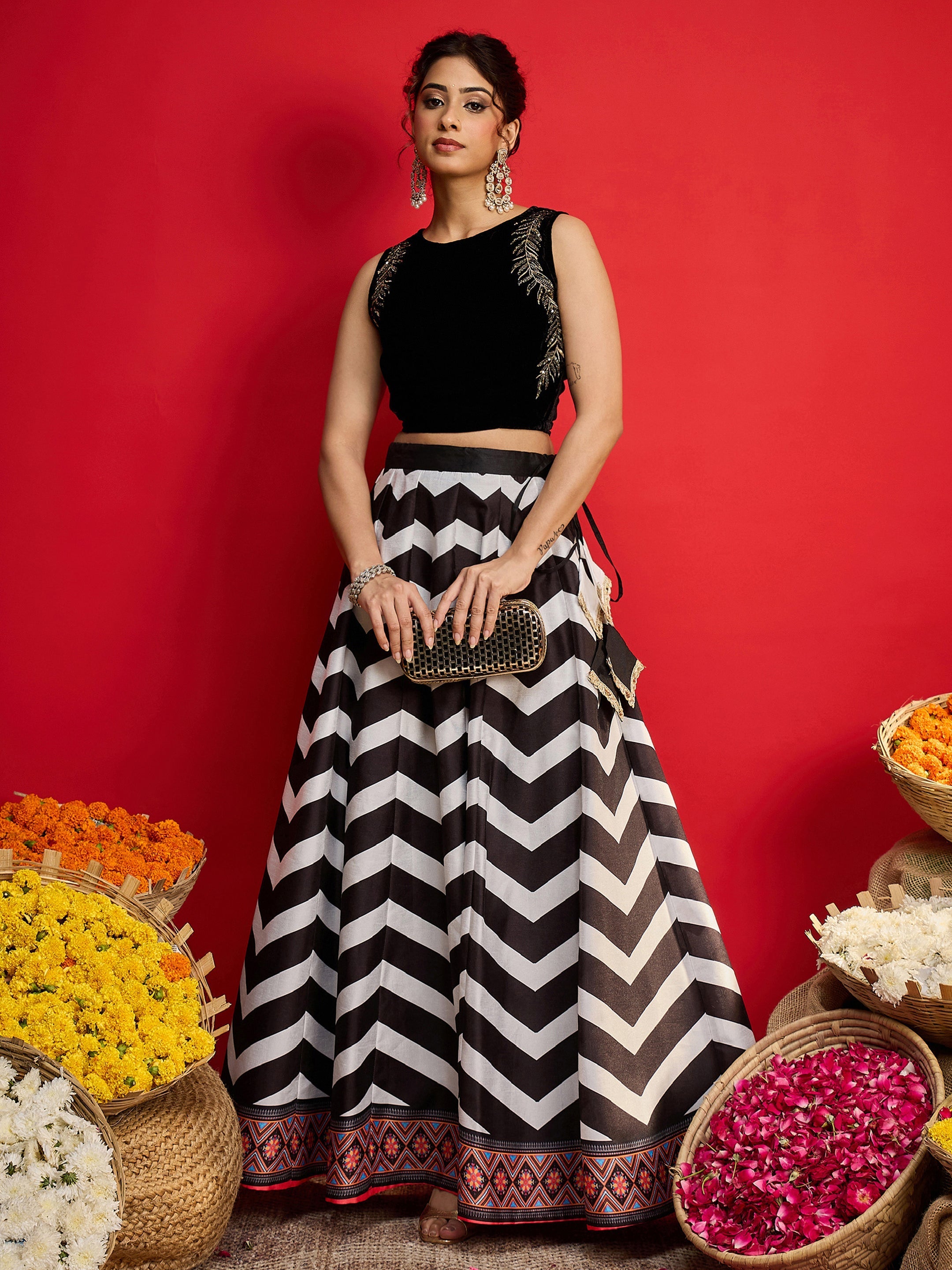 Women Black Velvet Sleeveless Crop Top With Anarkali Skirt-SHSET96593