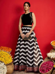Women Black Velvet Sleeveless Crop Top With Anarkali Skirt-SHSET96593