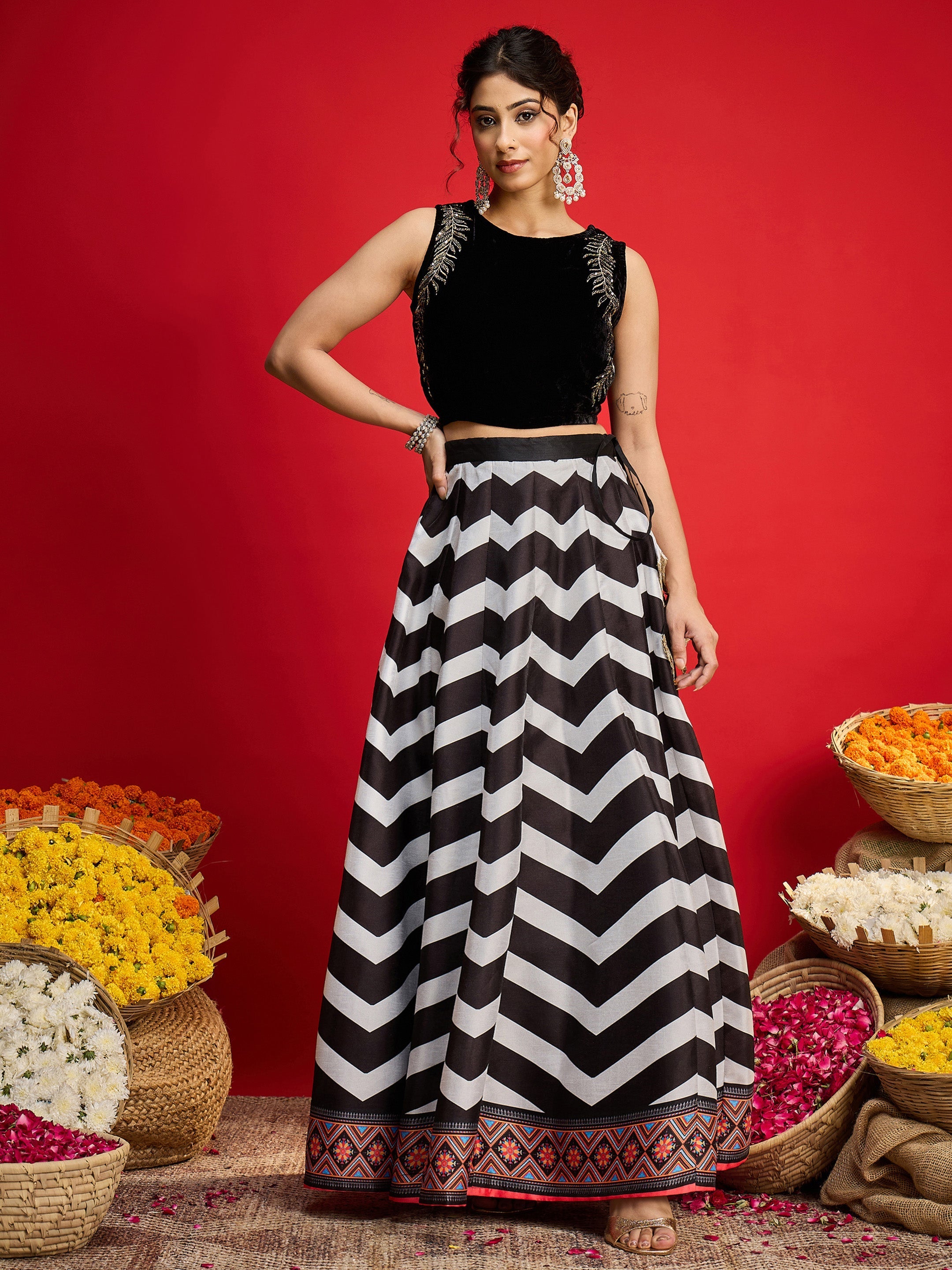 Women Black Velvet Sleeveless Crop Top With Anarkali Skirt-SHSET96593