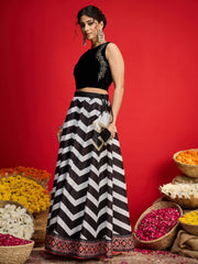 Women Black Velvet Sleeveless Crop Top With Anarkali Skirt-SHSET96593