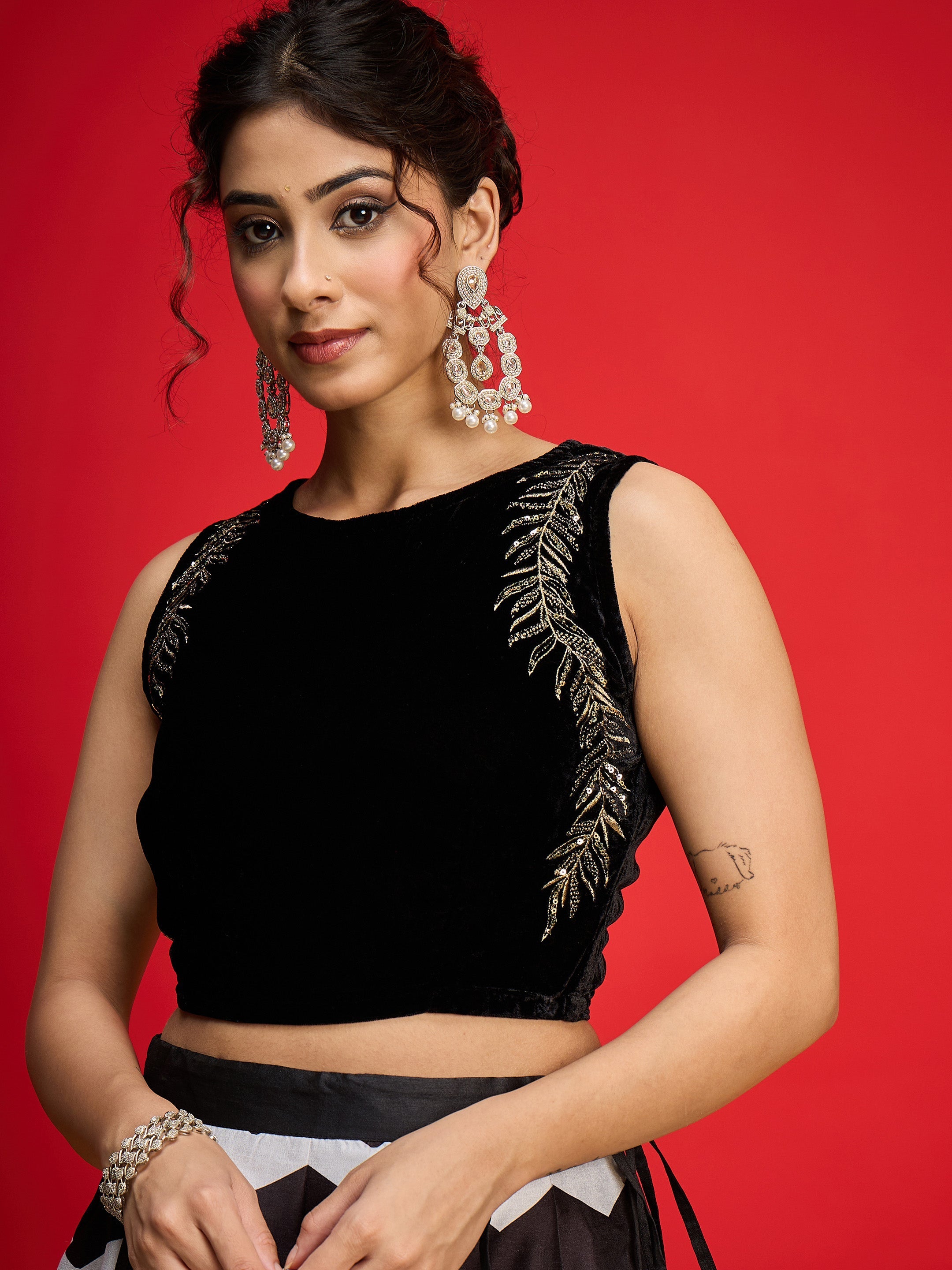 Women Black Velvet Sleeveless Crop Top With Anarkali Skirt-SHSET96593