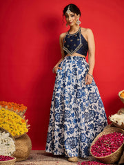 Women Navy Embroidered Crop Top With Anarkali Skirt-SHSET96594