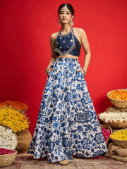 Women Navy Embroidered Crop Top With Anarkali Skirt-SHSET96594