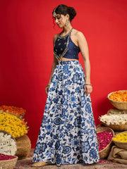 Women Navy Embroidered Crop Top With Anarkali Skirt-SHSET96594