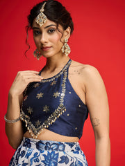 Women Navy Embroidered Crop Top With Anarkali Skirt-SHSET96594