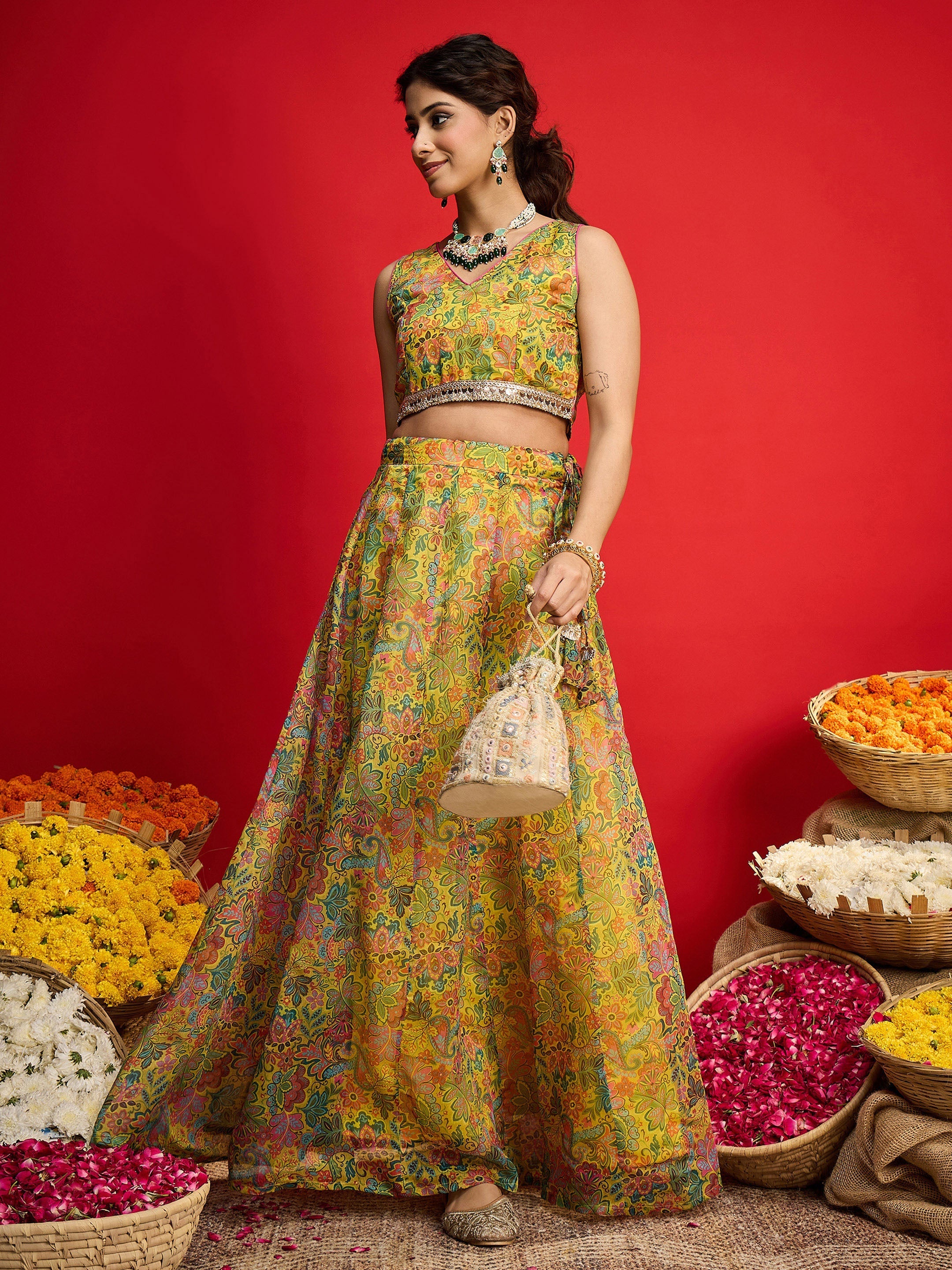 Women Yellow Chanderi Crop Top With Aanrkali Skirt-SHSET96595