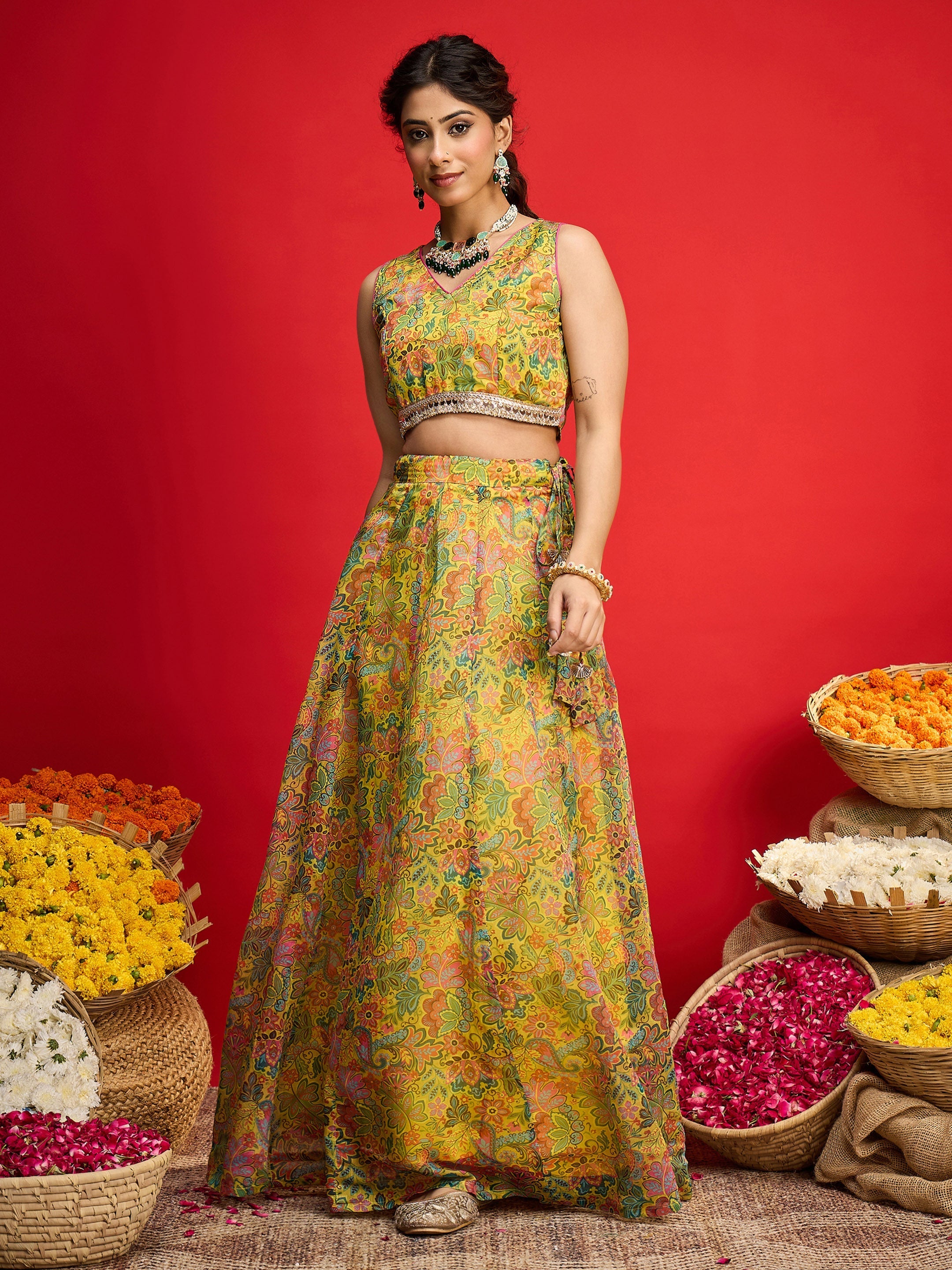 Women Yellow Chanderi Crop Top With Aanrkali Skirt-SHSET96595